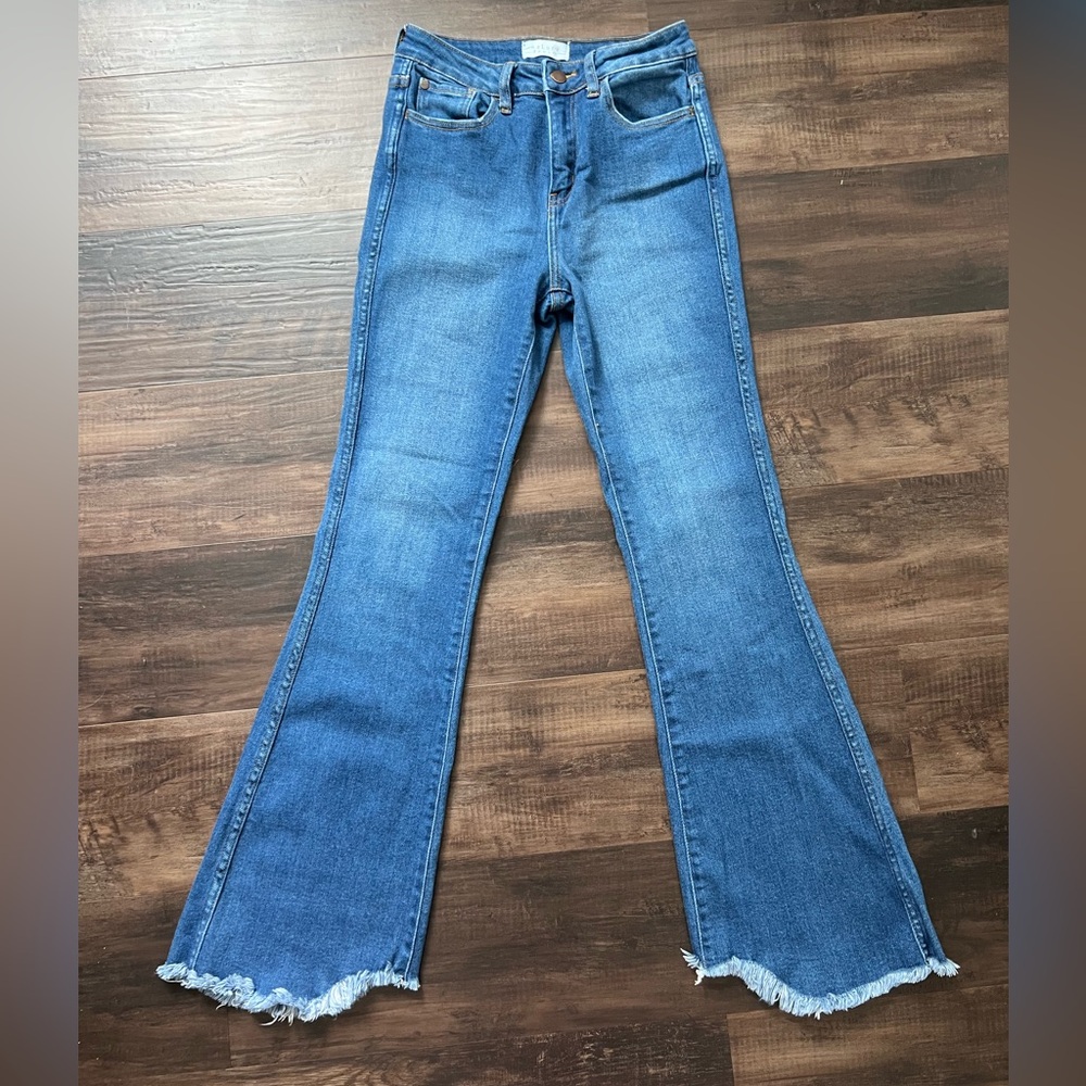 Nature Denim Stylish Blue Flare Women's Jeans with fringe edge. Size 7.